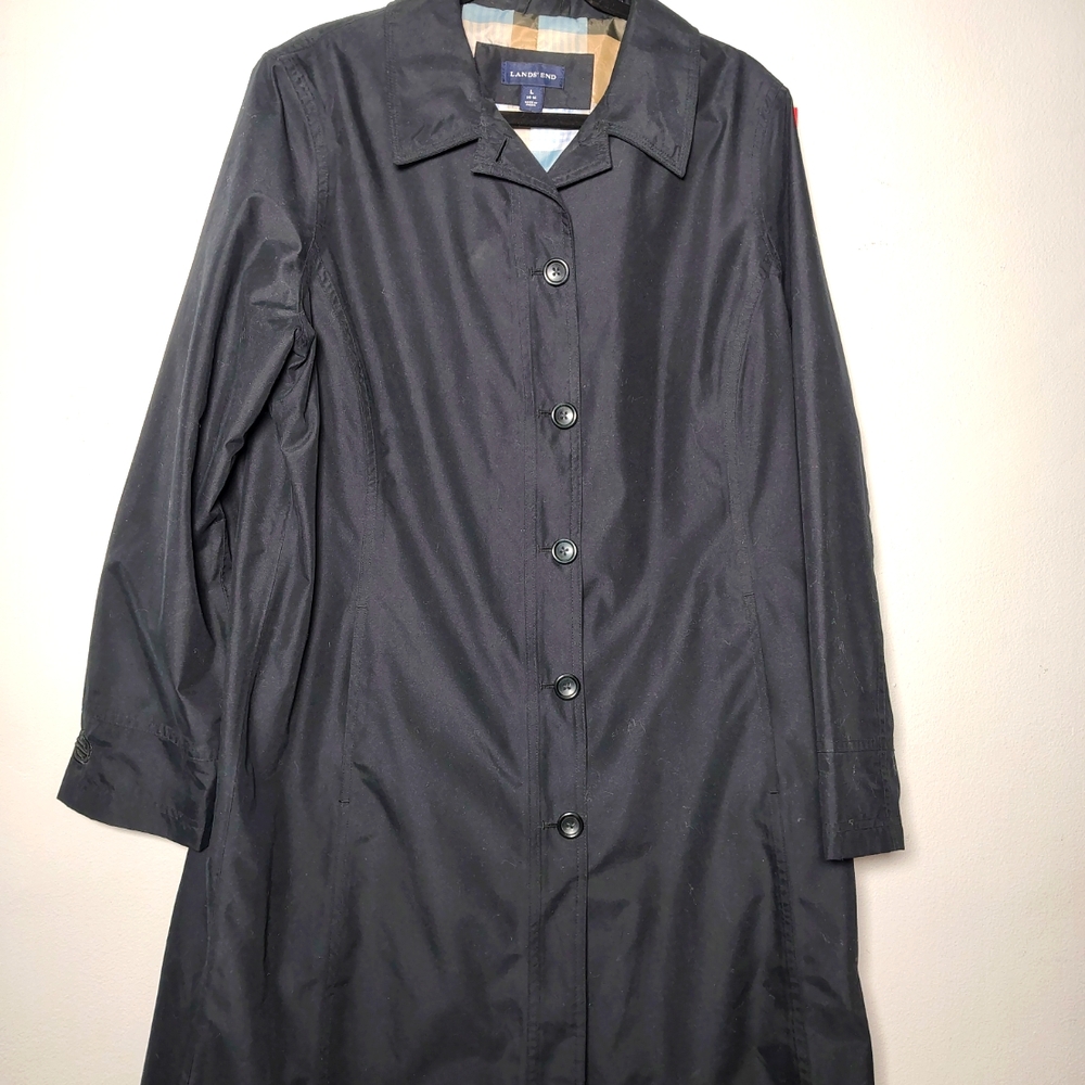 Lands' End Elegant Charcoal Black Trench Coat Women's 14-16 Large